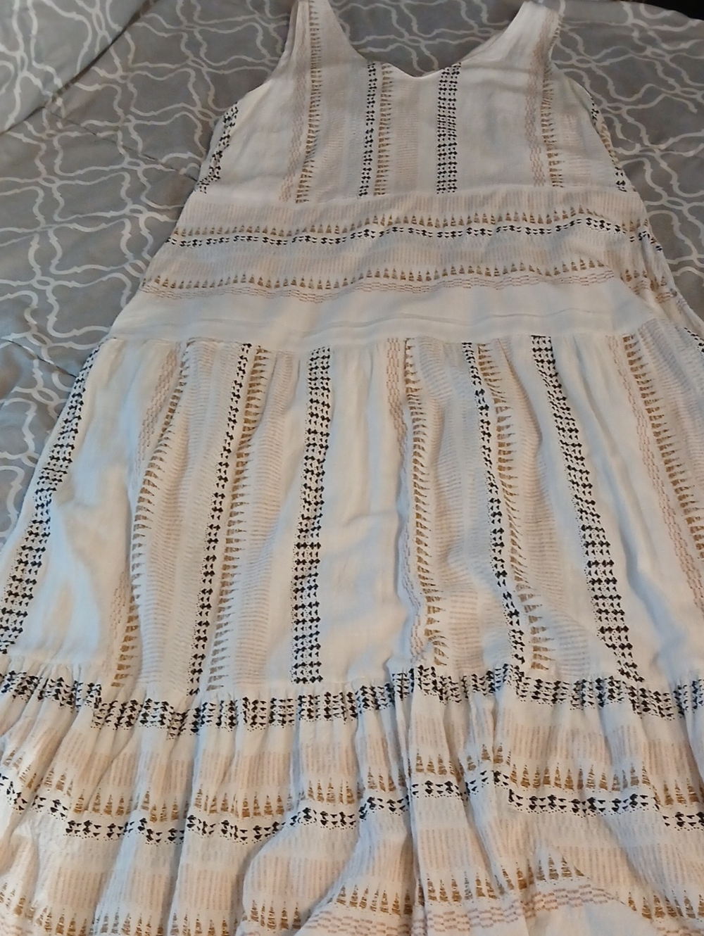 Tribal White Maxi Dress with Tan and Black Embroidered Stripes